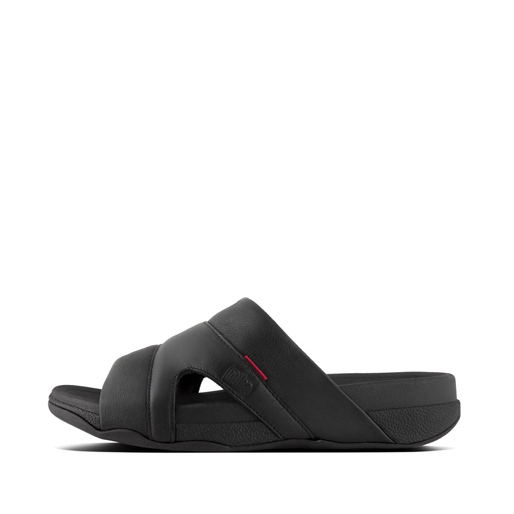 Fitflop Mens Slides - Freeway Leather Pool - Black - 213-QFZWKI